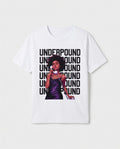 White t-shirt with graphic design and text on a white background
