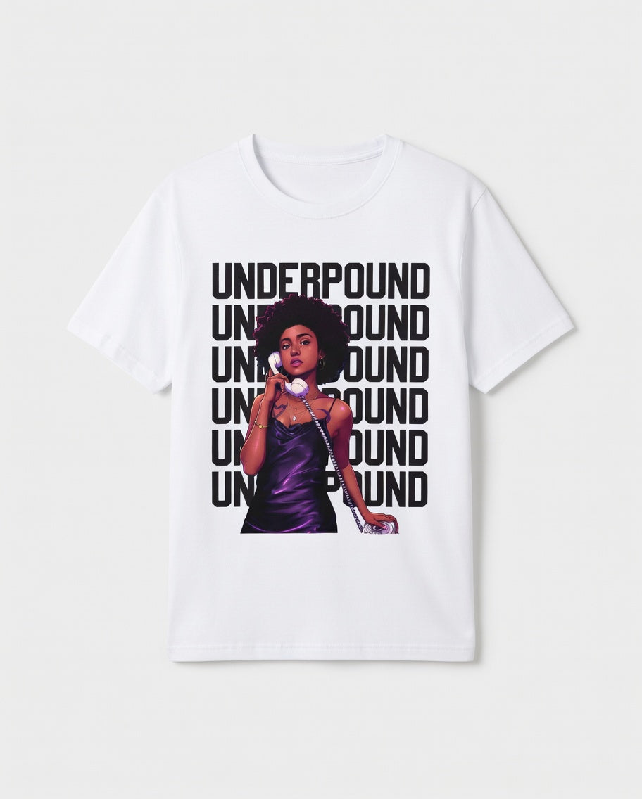 White t-shirt with graphic design and text on a white background